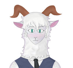 Pina from Beastars in a bust portrait. There is a white background, and he looks and the camera, blushing slightly.