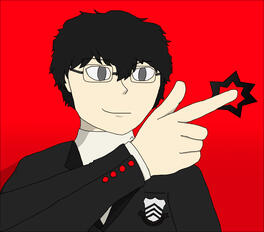 Bust portrait of Ren Amamiya smirking, pointing right. Saturated starbust coming out of his finger, and a red background.