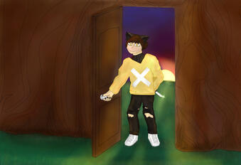 Aurelian in fullbody opening a door into a tree house. There is a sunset behind her and she holds a knife behind her back.