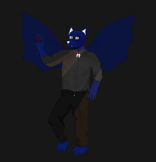 An anthro bat in fullbody with a dark brown background. He is wearing a grey button up with a red broach and dark grey pants.