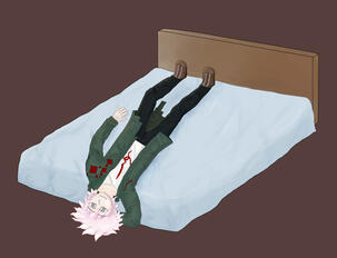 Nagito Komaeda in fullbody laying down on a bed with a brown background. He has a hand behind his head and a wistful expression.