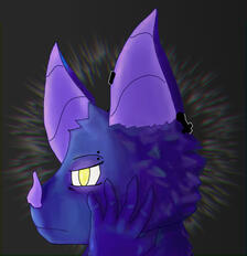 A head portrait of an anthro bat looking to the side with a stressed expression, dark blue fur with purple accents & yellow eyes
