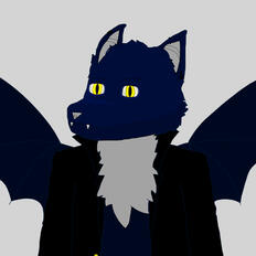 A bust portrait of an anthro bat with navy blue fur that has light gray accents, glowing yellow eyes, and a black coat.